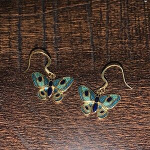 Gold-Tone Butterfly Drop Earrings in Teal and Blue